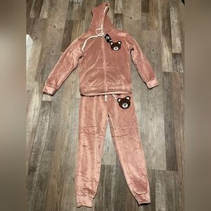 Plush Teddy Patch Velour Hoodie & Jogger Set - Dusty Rose